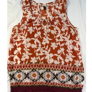 Tribal Border Tank Top Orange White Sleeveless Boho Festival Safari TassleSize M